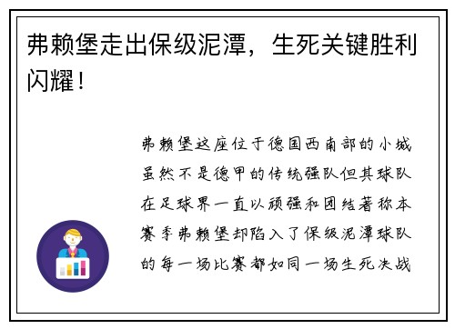 弗赖堡走出保级泥潭，生死关键胜利闪耀！